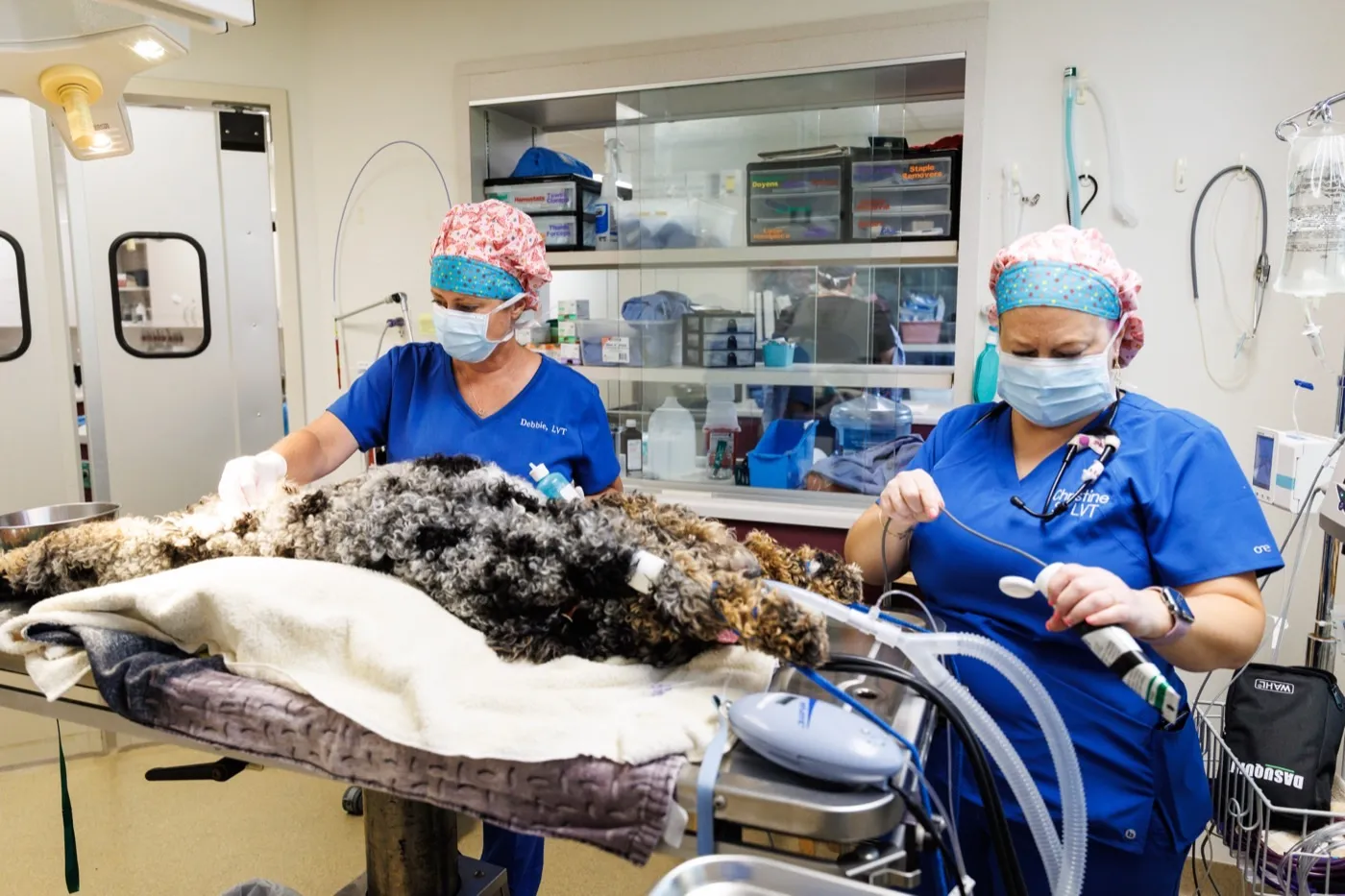 Technicians monitoring a patient under anesthesia